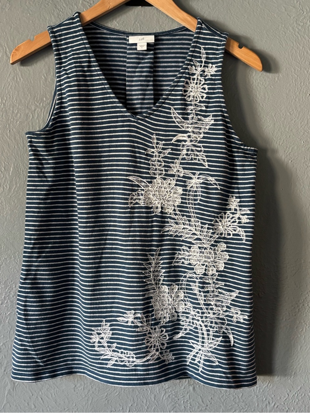 J.Jill Blue & White Striped Embroidered Tank Top Small Cotton
